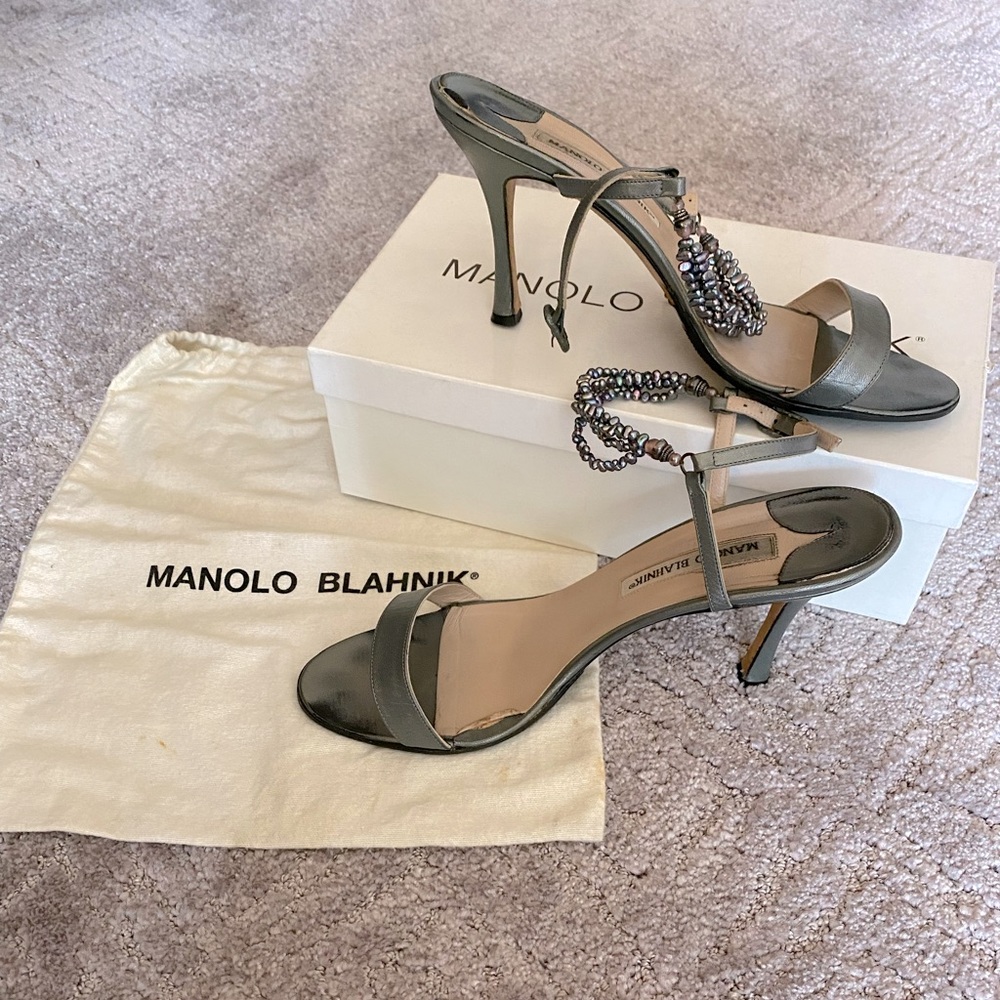 Manolo Blahnik Gunmetal Beaded” Meme” Sandals sz 39 (8.5/9 US) VGUC